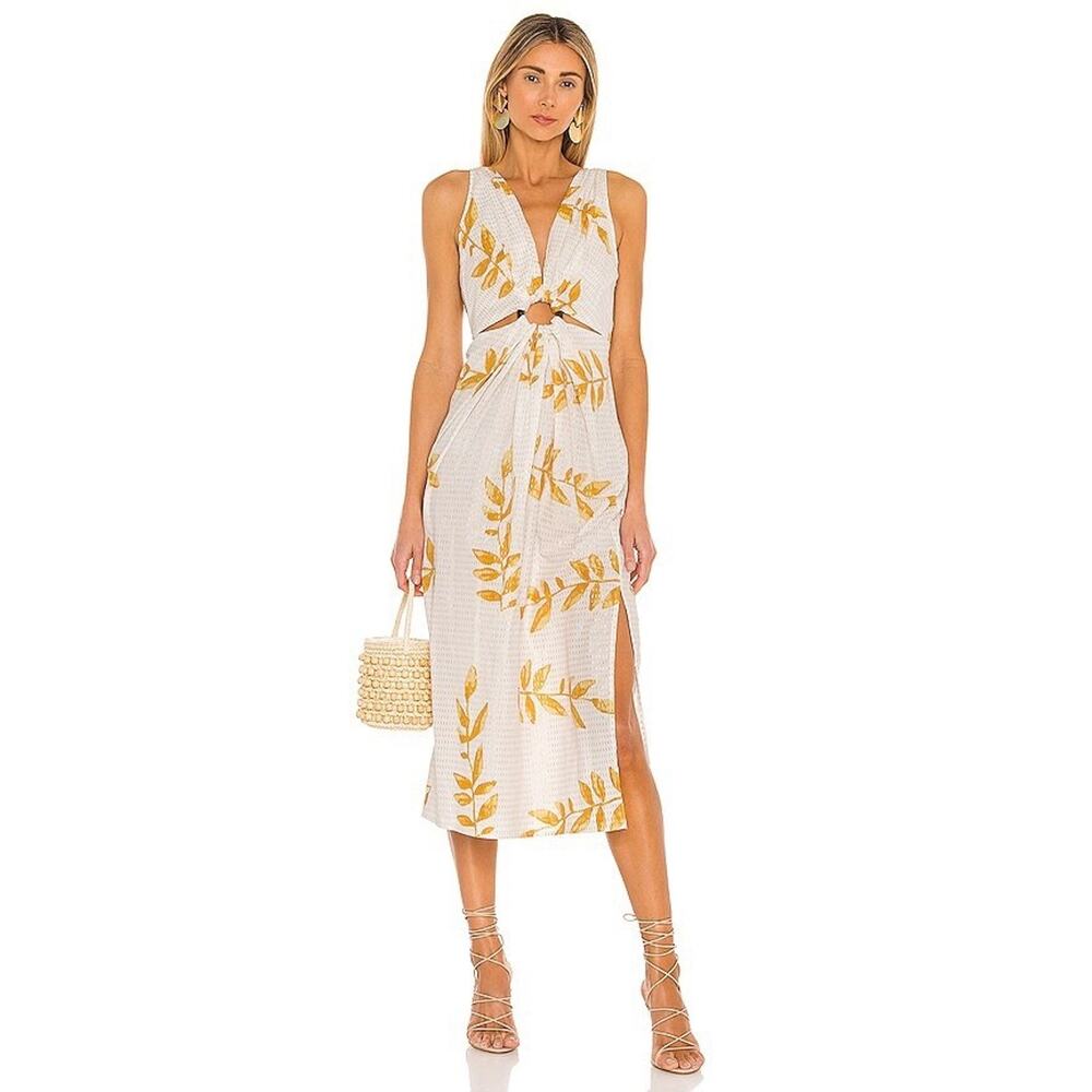 Revolve Sundress Small Yuma White Gold Foil Leaf Print Maxi Dress Cutout Detail